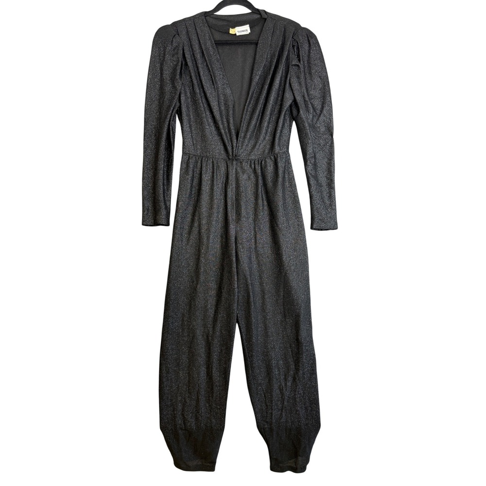Vintage Metallic Disco Jumpsuit Womens 11/12 Black Silver Glam Studio 54 Party